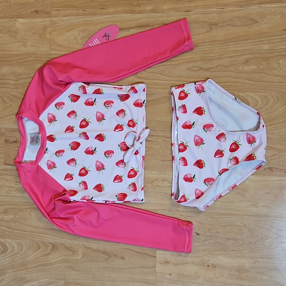 NWT Sol Swim Girls 2-Piece Long-Sleeve Rash Guard Swim Suit Set Sz: 7/8